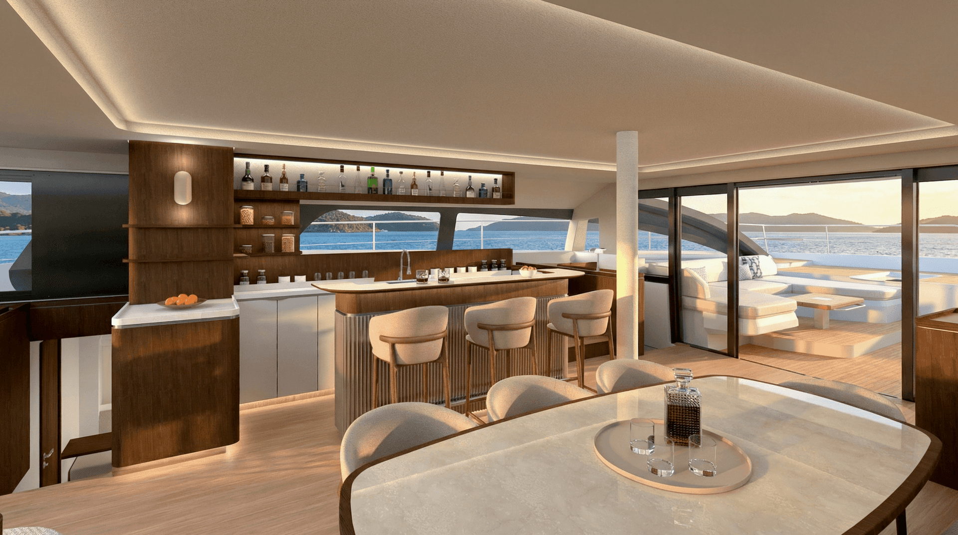 Bar intérieur élégant du catamaran Bali 7.0 situé au centre du salon