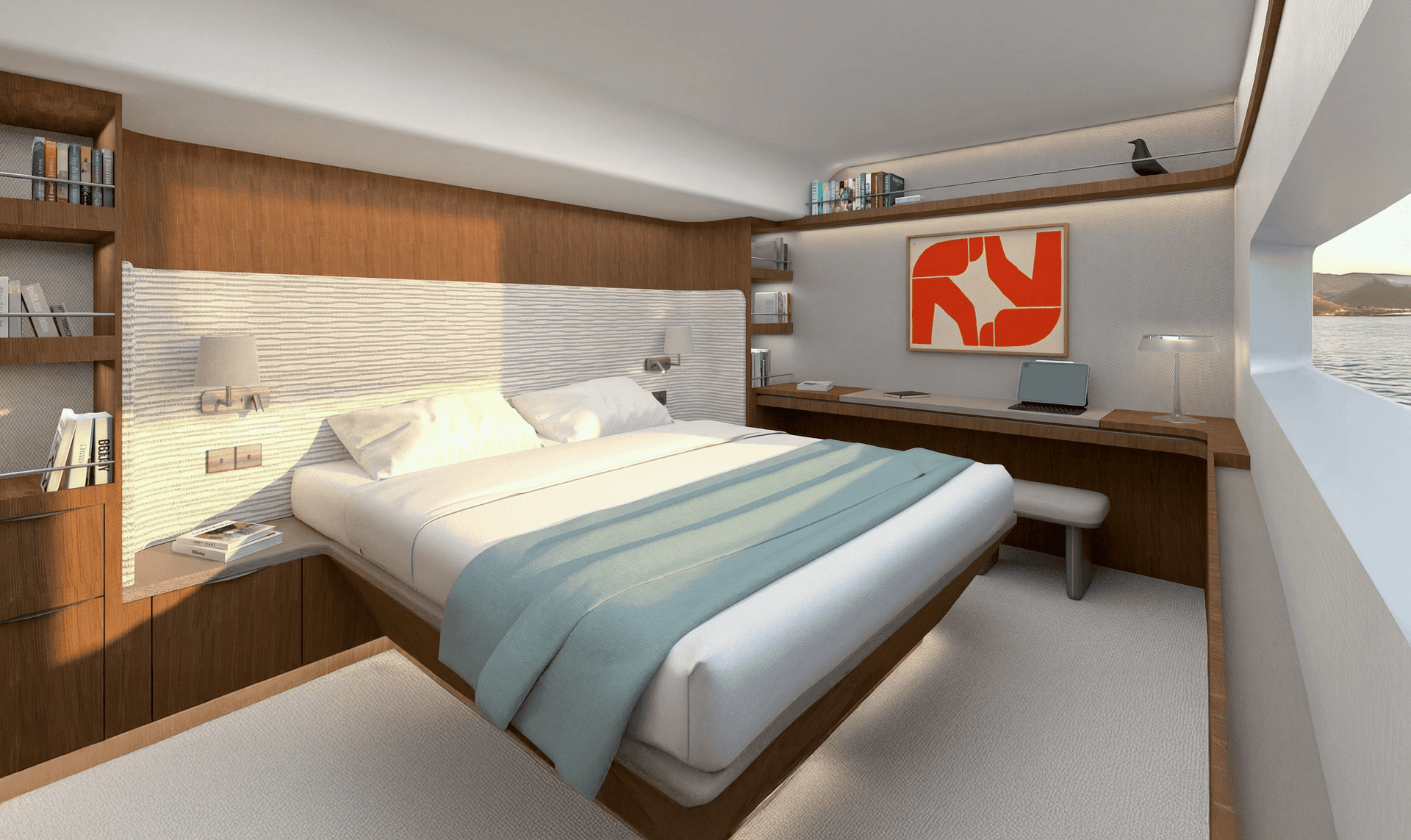 Suite propriétaire du catamaran Bali 7.0 avec lit double, bureau, saloon et dressing