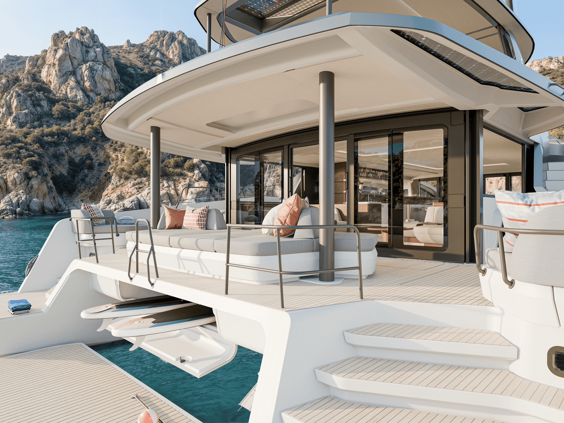 Aft cockpit of the BALI 7.0 with outdoor lounge and swim platform
